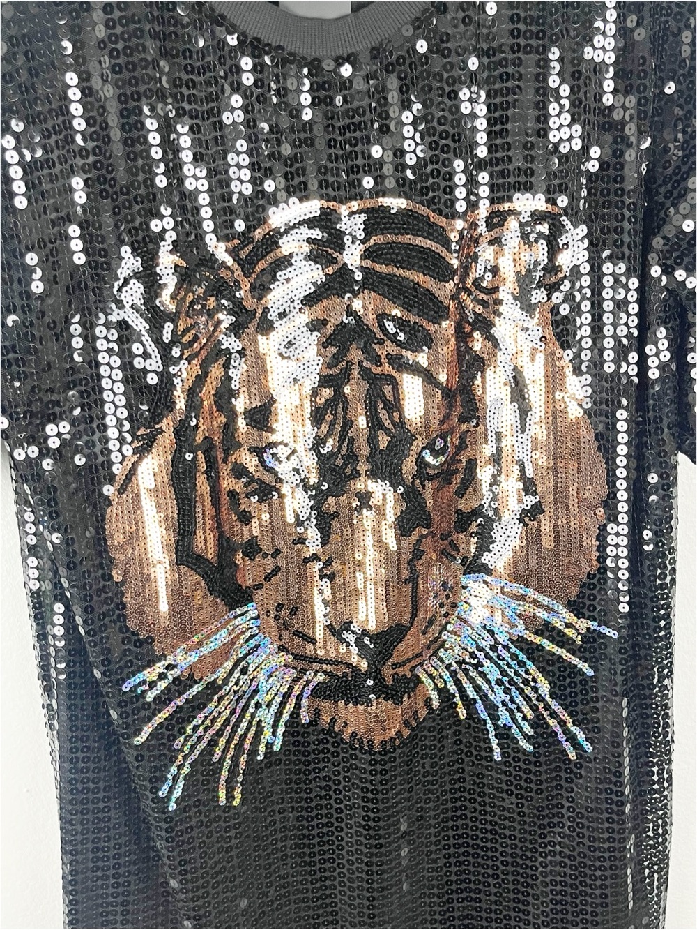 KATE HEWKO Black Sheer Sequin Tiger Head Short Sleeves Dress One Size Boho Chic - Picture 8 of 9